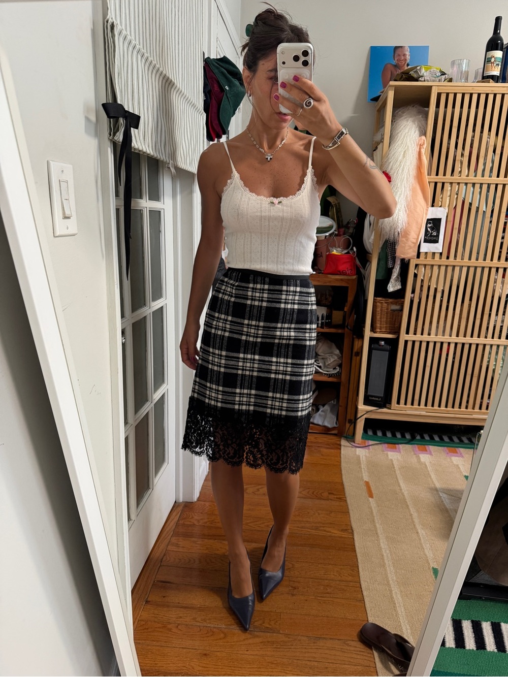 Authentic Sacai Black & White Plaid Midi Skirt with Lace Hem, Size - M